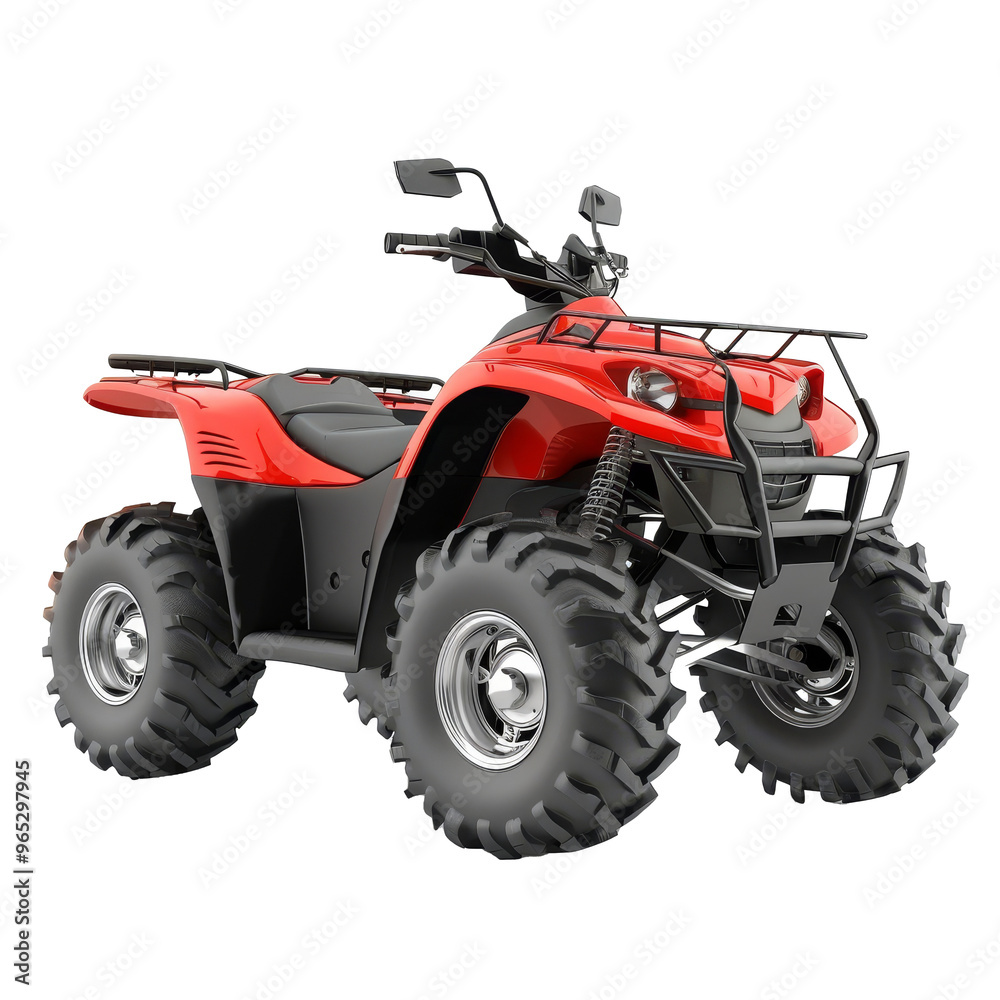 Naklejka premium Red all-terrain vehicle parked on a clean, neutral background ready for outdoor adventures and off-road exploration