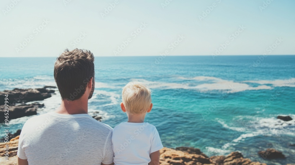 Fototapeta premium A father and son sit side by side, reflecting on the beauty of the sea under a clear blue sky, sharing a peaceful moment