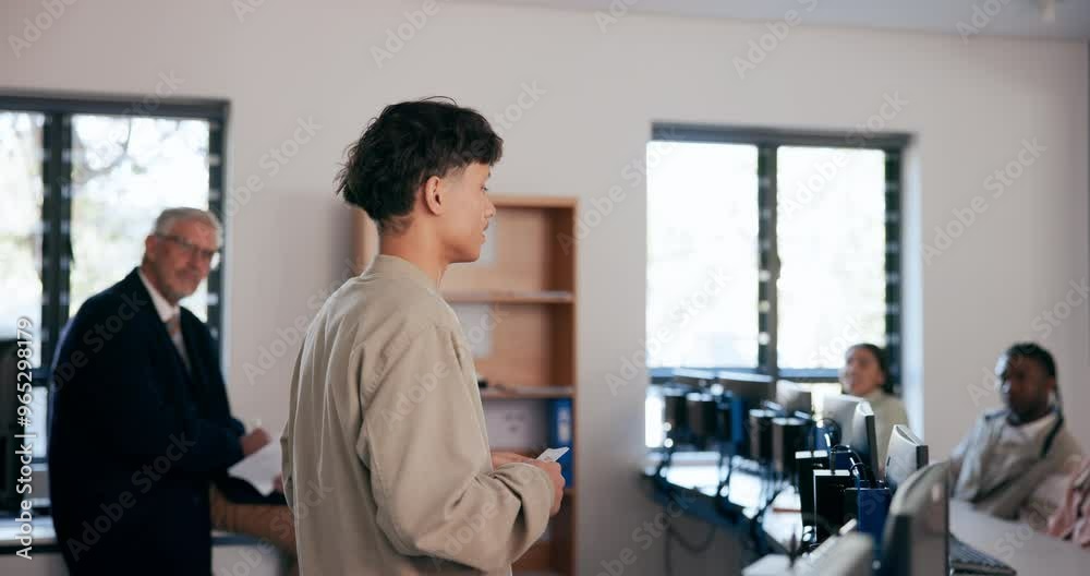 Cards, education and speech with student in classroom of university for oral presentation. Reminder, study and thinking with person speaking to class at college or school for lecture or lesson Cards, education and speech with student in classroom of university for oral presentation. Reminder, study and thinking with person speaking to class at college or school for lecture or lesson