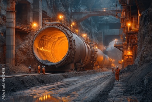 Industrial Rotary Kiln with Workers in Mining Quarry