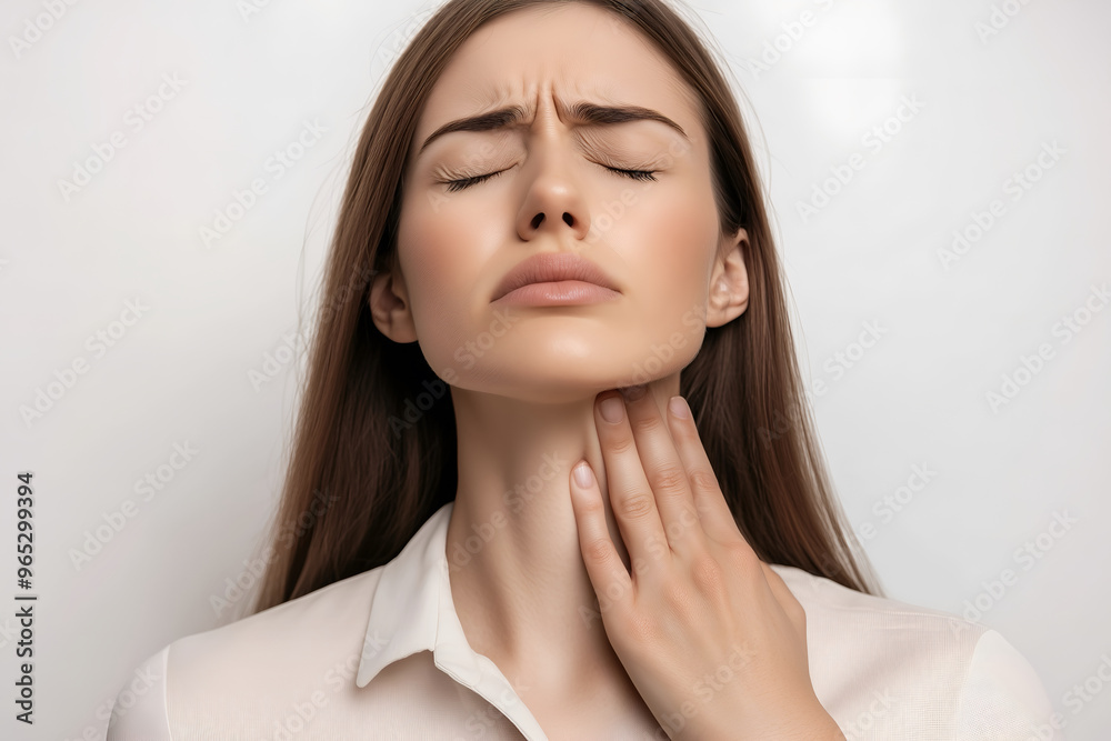 American beautiful woman with neck pain. Concept of sore throat, pharyngitis, laryngitis, choking American beautiful woman with neck pain. Concept of sore throat, pharyngitis, laryngitis, choking