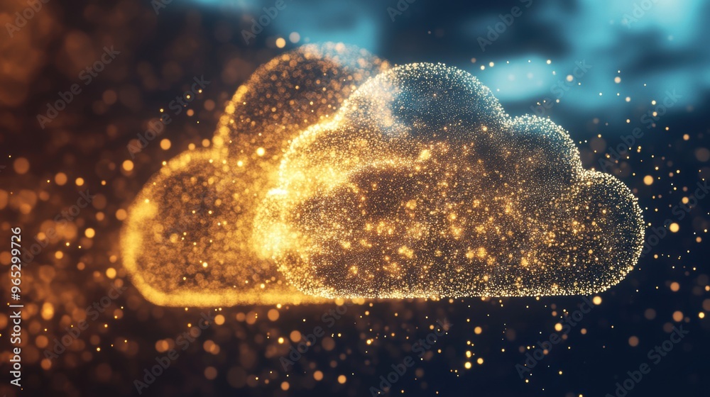 A glowing representation of cloud computing features vibrant clouds composed of luminous particles against a dark backdrop A glowing representation of cloud computing features vibrant clouds composed of luminous particles against a dark backdrop