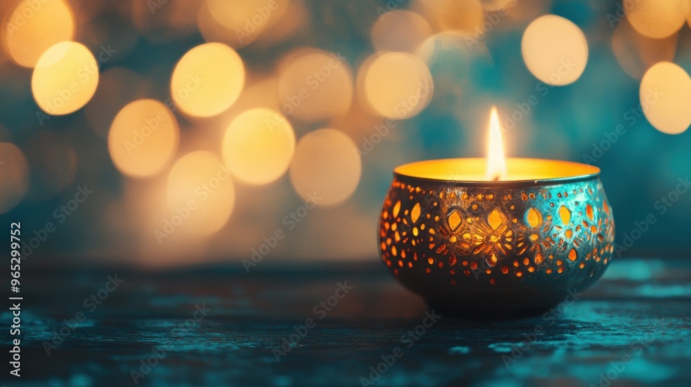A soft candle glows brightly as it sits among colorful festive decorations, illuminating the surroundings with enchanting bokeh light A soft candle glows brightly as it sits among colorful festive decorations, illuminating the surroundings with enchanting bokeh light