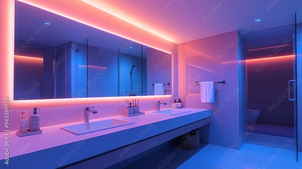 Modern bathroom with smart mirror and ambient lighting for an elevated experience Modern bathroom with smart mirror and ambient lighting for an elevated experience