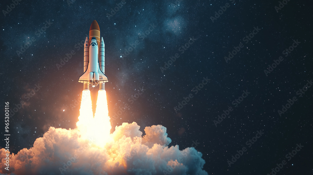 Rocket Launch: Shuttle Spaceship Taking Off with Flames and Fire, Symbolizing Technology, Science, and Galaxy Exploration for Business Startup Concepts. photo