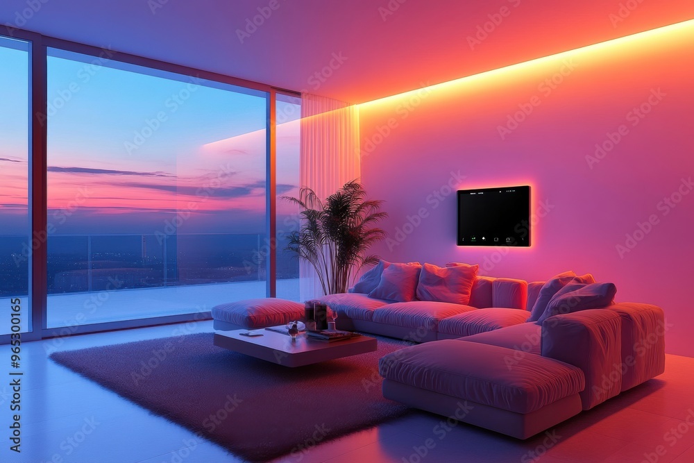 Modern living room with pink and blue sunset view. Modern living room with pink and blue sunset view.