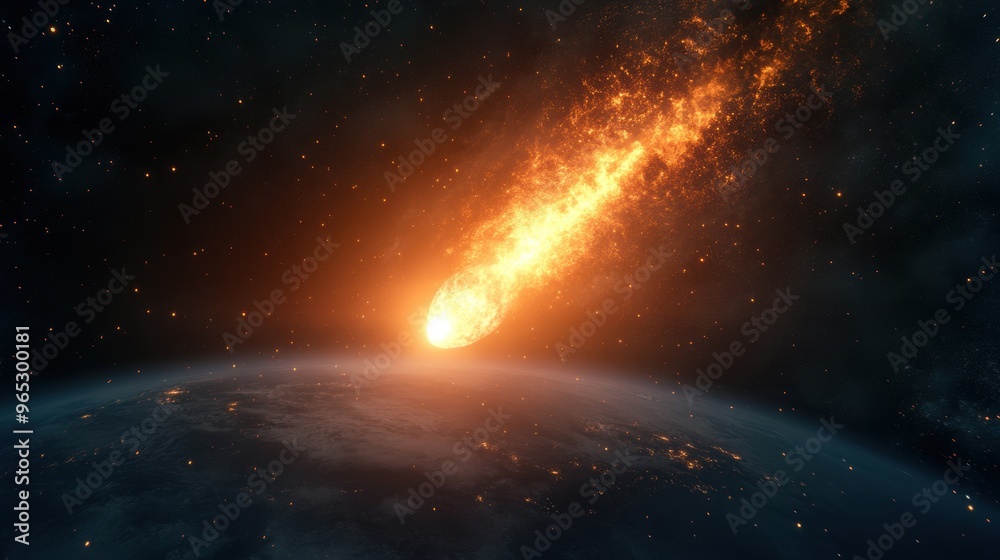 A vibrant meteor trails fire as it descends towards Earth, illustrating a potential global catastrophe from an extraterrestrial impact A vibrant meteor trails fire as it descends towards Earth, illustrating a potential global catastrophe from an extraterrestrial impact