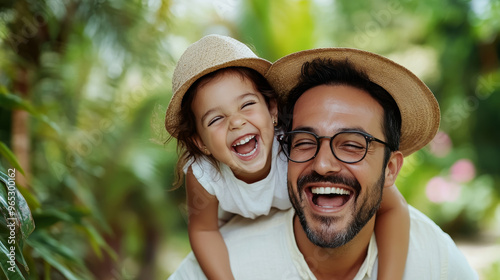 A joyful father and daughter share playful moment in lush green park, radiating happiness and love. Their laughter fills air, creating heartwarming scene of bonding photo