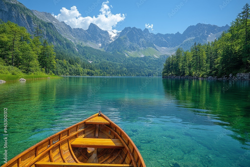 Obraz premium Wooden Rowboat on Tranquil Mountain Lake with Crystal Clear Water