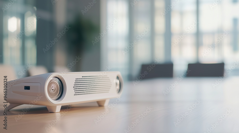 Meeting Setup: Projector Device on an Office Table in a Boardroom, Prepared for Educational Seminar or Business Presentation, with No People Present. photo