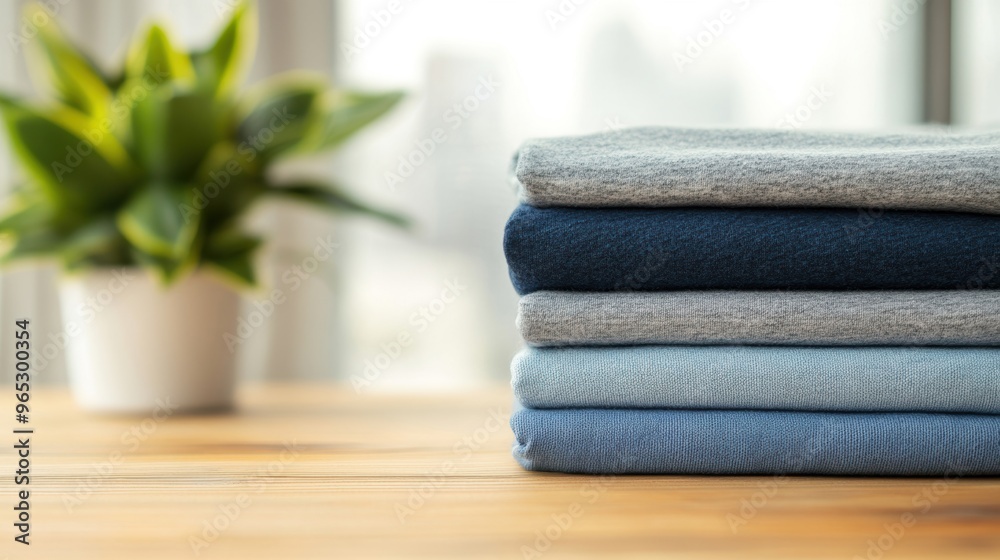 Neatly folded shirts in various colors rest on a wooden table beside a small green plant in a well-lit room Neatly folded shirts in various colors rest on a wooden table beside a small green plant in a well-lit room