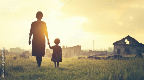 A mother and her child traverse a barren field, holding hands, as they face a ruined world under a glowing sunset