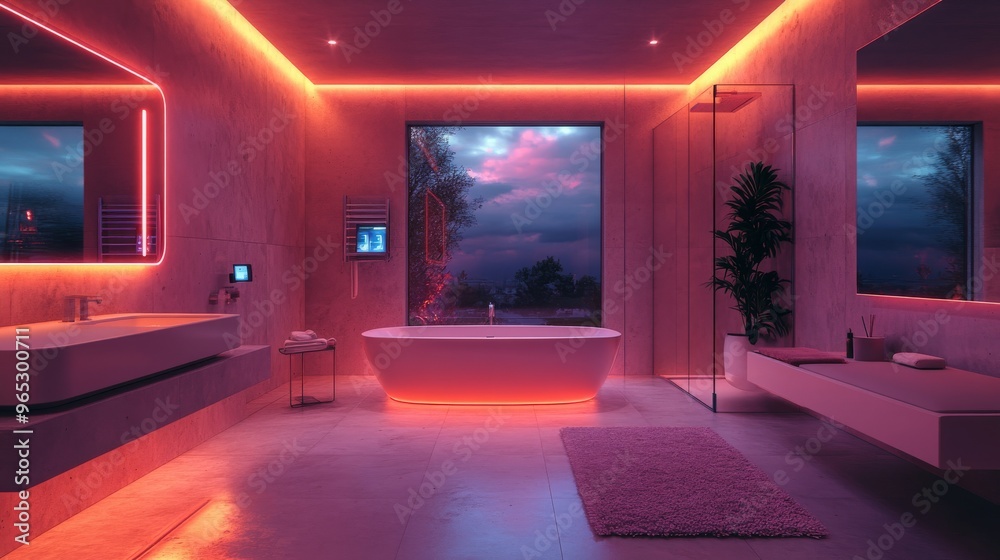 Modern bathroom featuring a smart scale and holographic elements in an illuminated setting Modern bathroom featuring a smart scale and holographic elements in an illuminated setting