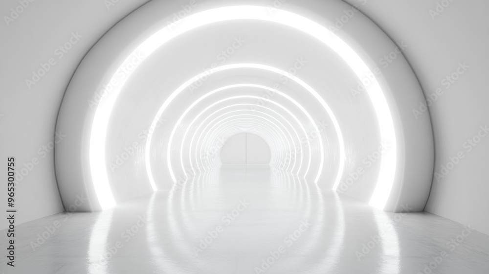 Obraz premium The corridor features smooth, reflective surfaces and a series of bright white lights creating a spacious, modern atmosphere