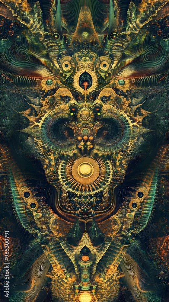 Fototapeta premium Abstract Digital Art with a Golden Sun-like Center and a Face-like Pattern