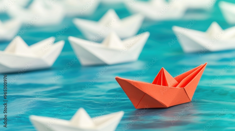 A bright red paper boat floats peacefully among several white boats on calm blue waters, creating a striking visual contrast A bright red paper boat floats peacefully among several white boats on calm blue waters, creating a striking visual contrast