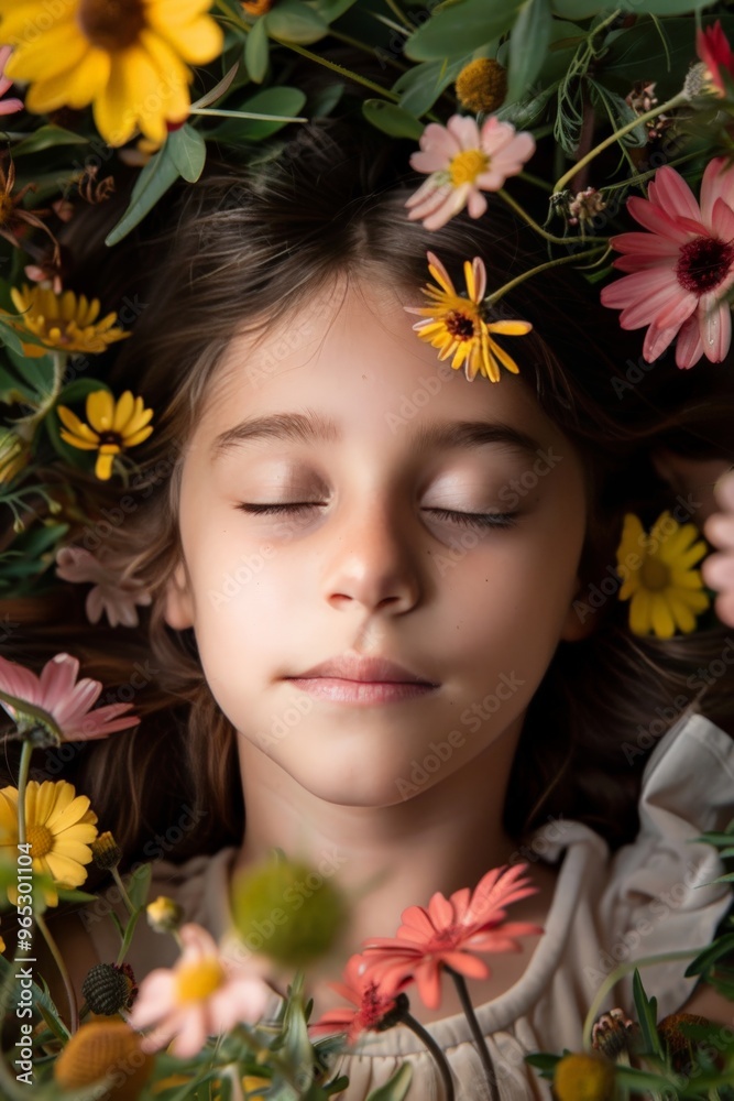 Dreamy young girl surrounded by blooming flowers Dreamy young girl surrounded by blooming flowers