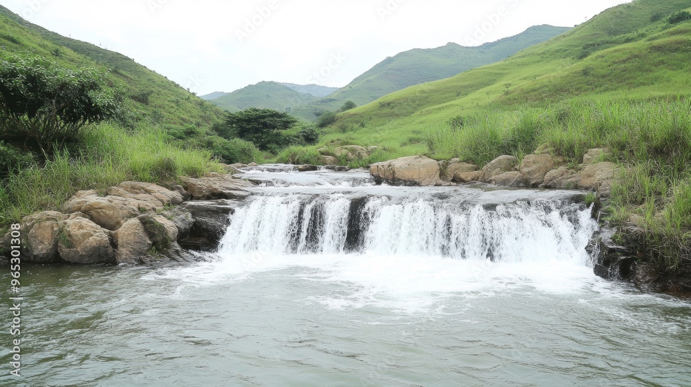Obraz premium A peaceful waterfall flows gently over stones, surrounded by vibrant greenery and rolling hills under a bright sky