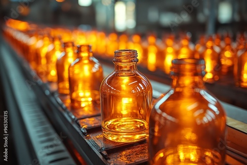 Amber Glass Bottles On Conveyor Belt In Factory