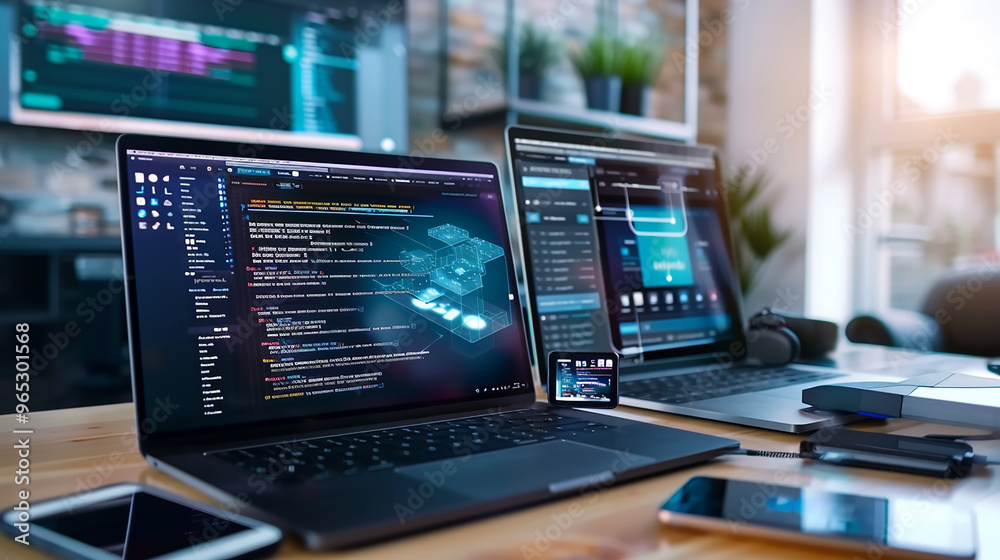The web design studio concept page is on the display Concept of assembling a web page from modules that fly around the display. The web design studio concept page is on the display Concept of assembling a web page from modules that fly around the display.