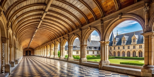 Covered alley and porch in Fontevraud abbey, architecture, tourism, gothic, columns, stone, monastery, arches,covered, porch, outdoor, France, medieval, tranquil, building photo