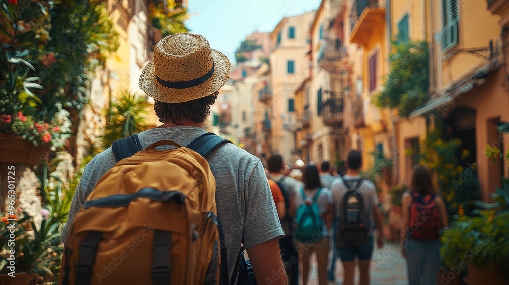 Backpacker Exploring Narrow European Street