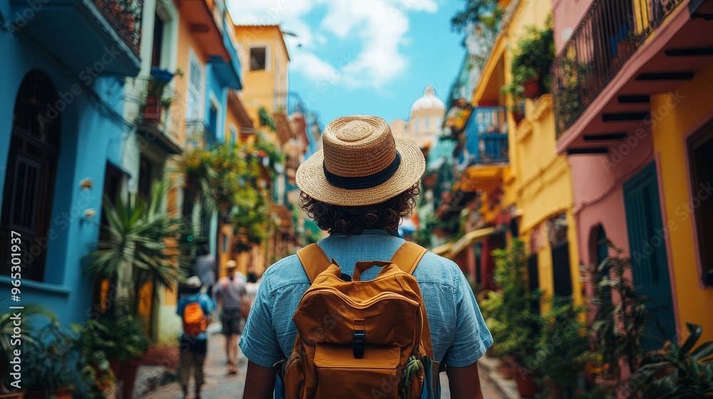 Backpacker Exploring Colorful Street in Tropical City