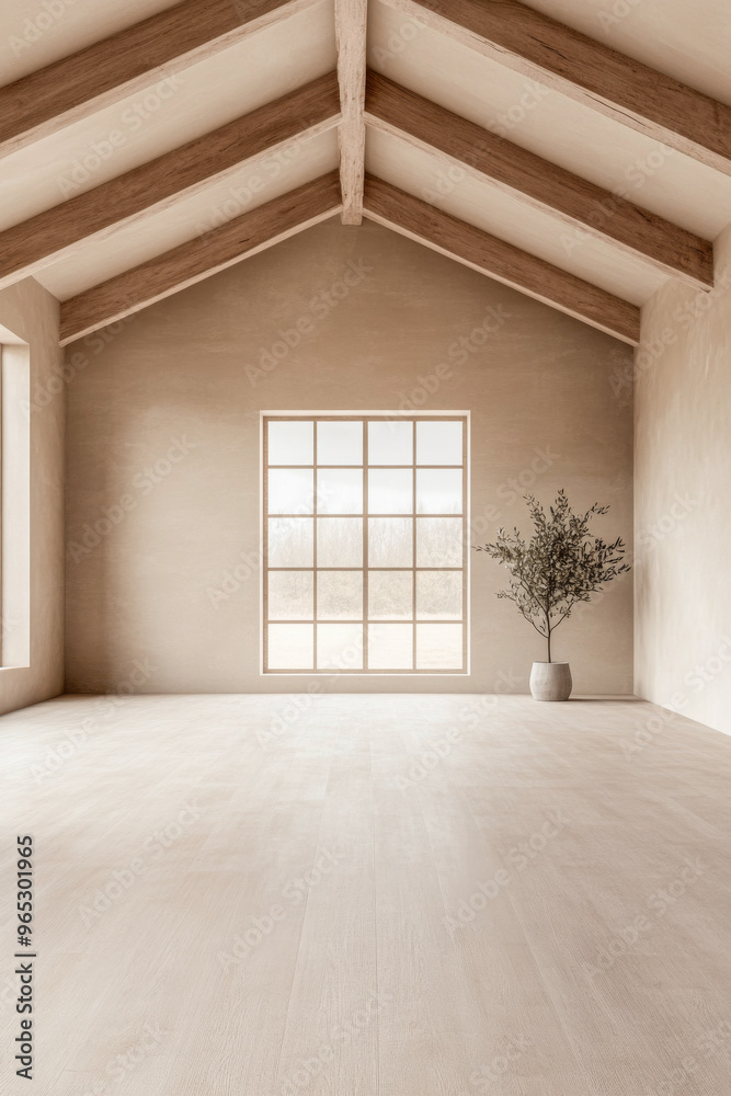 Obraz premium Spacious empty room with large windows, high ceilings with beans, natural lighting and beige tones