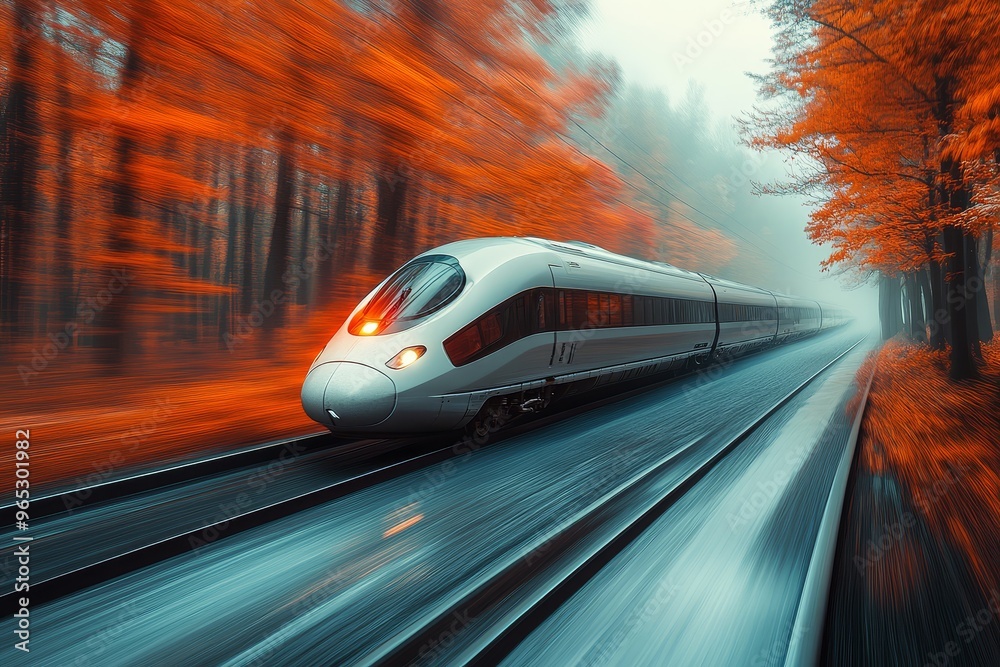 High Speed Train Through Autumn Forest High Speed Train Through Autumn Forest