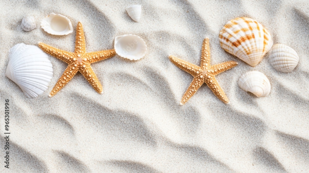 Two starfish and a selection of seashells rest on golden sand under the bright sun at a tranquil beach Two starfish and a selection of seashells rest on golden sand under the bright sun at a tranquil beach