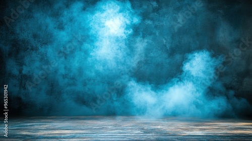 The stage is enveloped in dramatic blue lighting and swirling smoke, creating a mystical ambiance ideal for performances and events