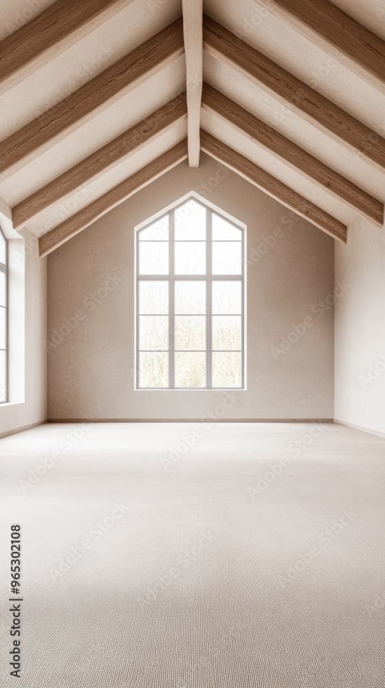 Fototapeta premium Spacious empty room with large windows, high ceilings with beans, natural lighting and beige tones