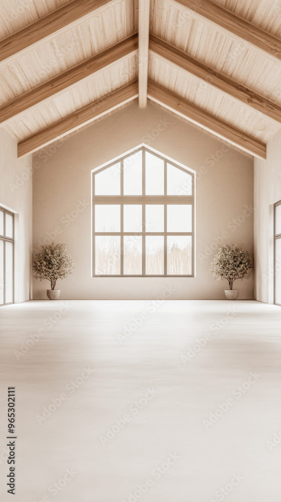 Fototapeta premium Spacious empty room with large windows, high ceilings with beans, natural lighting and beige tones
