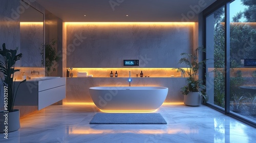 Modern bathroom with ambient lighting and a smart scale displaying health metrics in the evening
