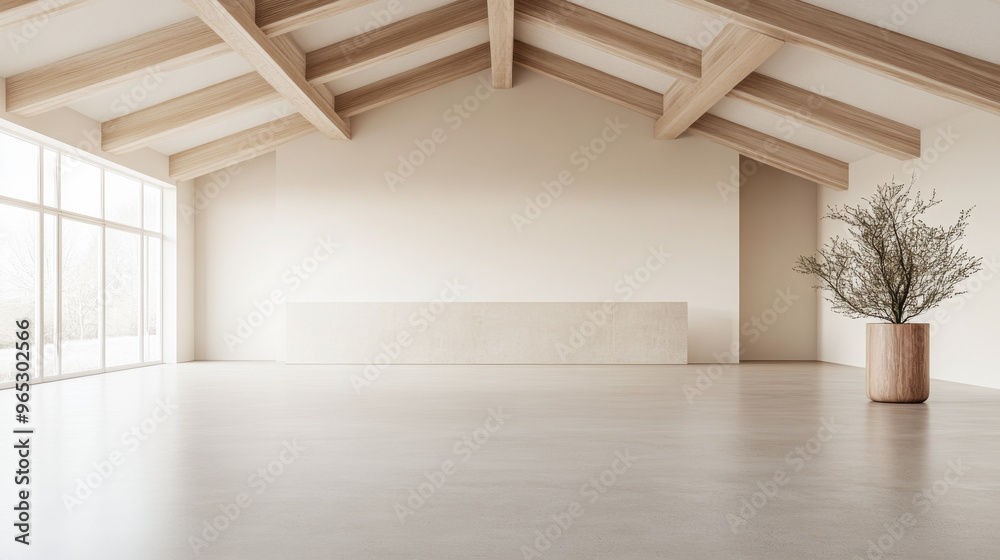 Spacious empty room with large windows, high ceilings with beans, natural lighting and beige tones Spacious empty room with large windows, high ceilings with beans, natural lighting and beige tones