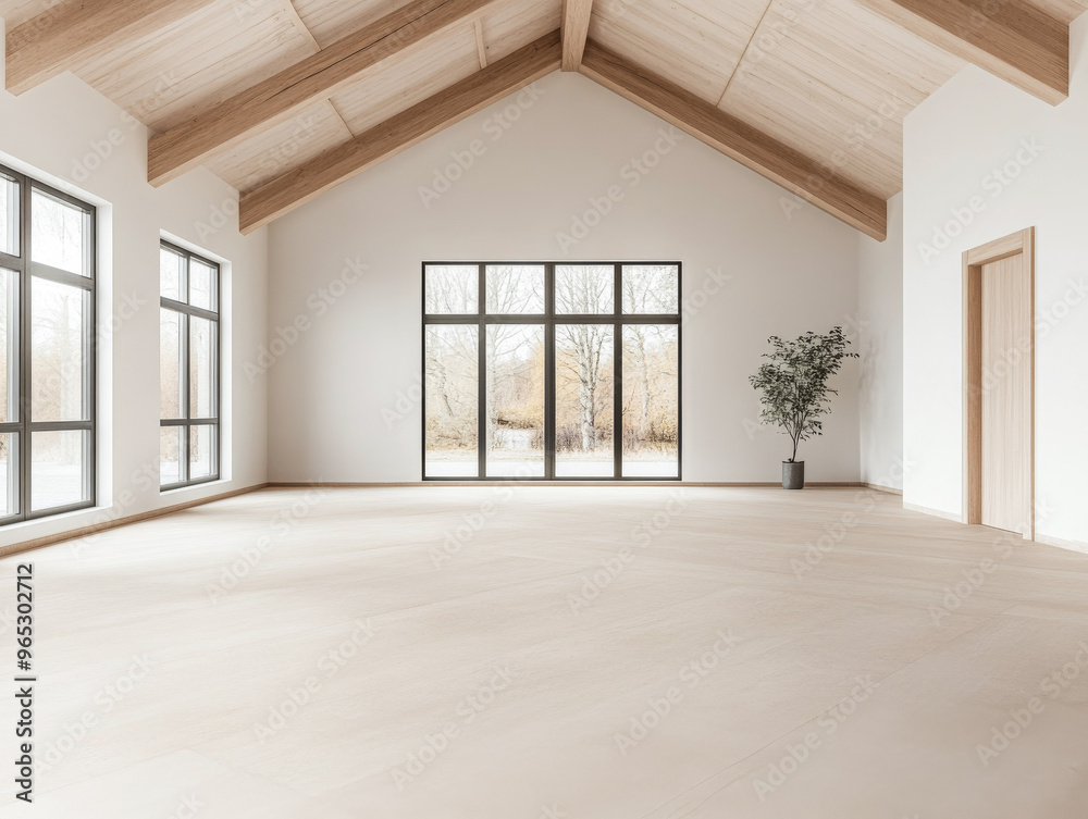 Fototapeta premium Spacious empty room with large windows, high ceilings with beans, natural lighting and beige tones
