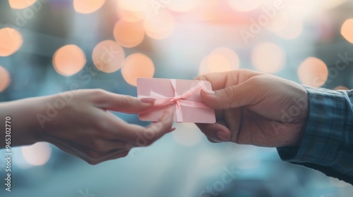 Two hands are in the act of exchanging a gift card while shopping in a busy retail environment photo