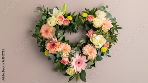 A beautifully crafted heart-shaped floral arrangement features pink gerbera daisies, roses, and fresh greenery, perfect for any romantic moment