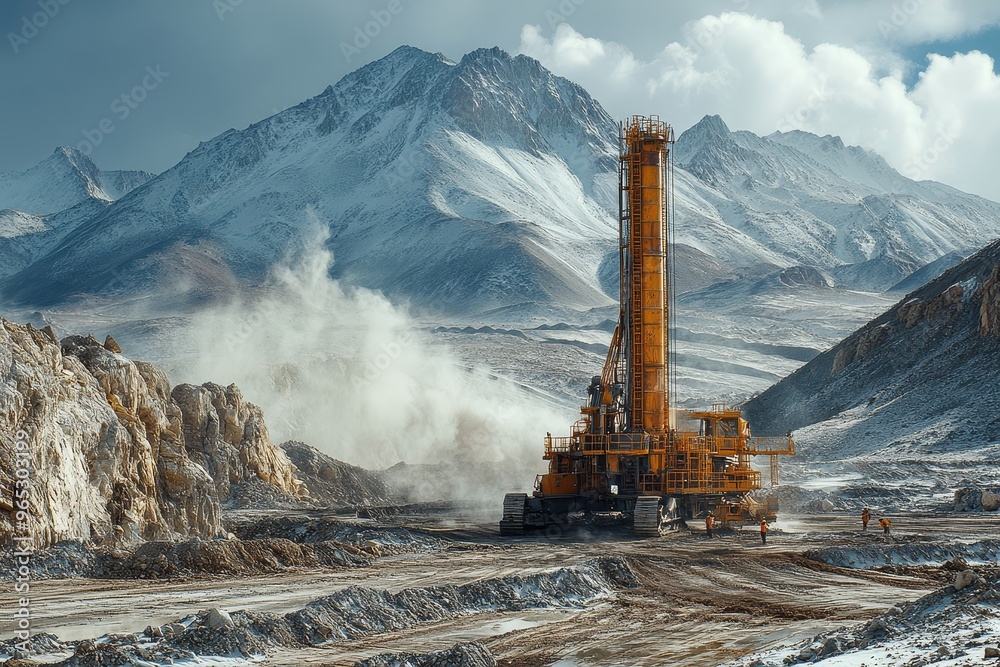 Fototapeta premium Mining Drill in Snowy Mountain Landscape