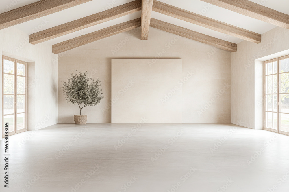 Spacious empty room with large windows, high ceilings with beans, natural lighting and beige tones