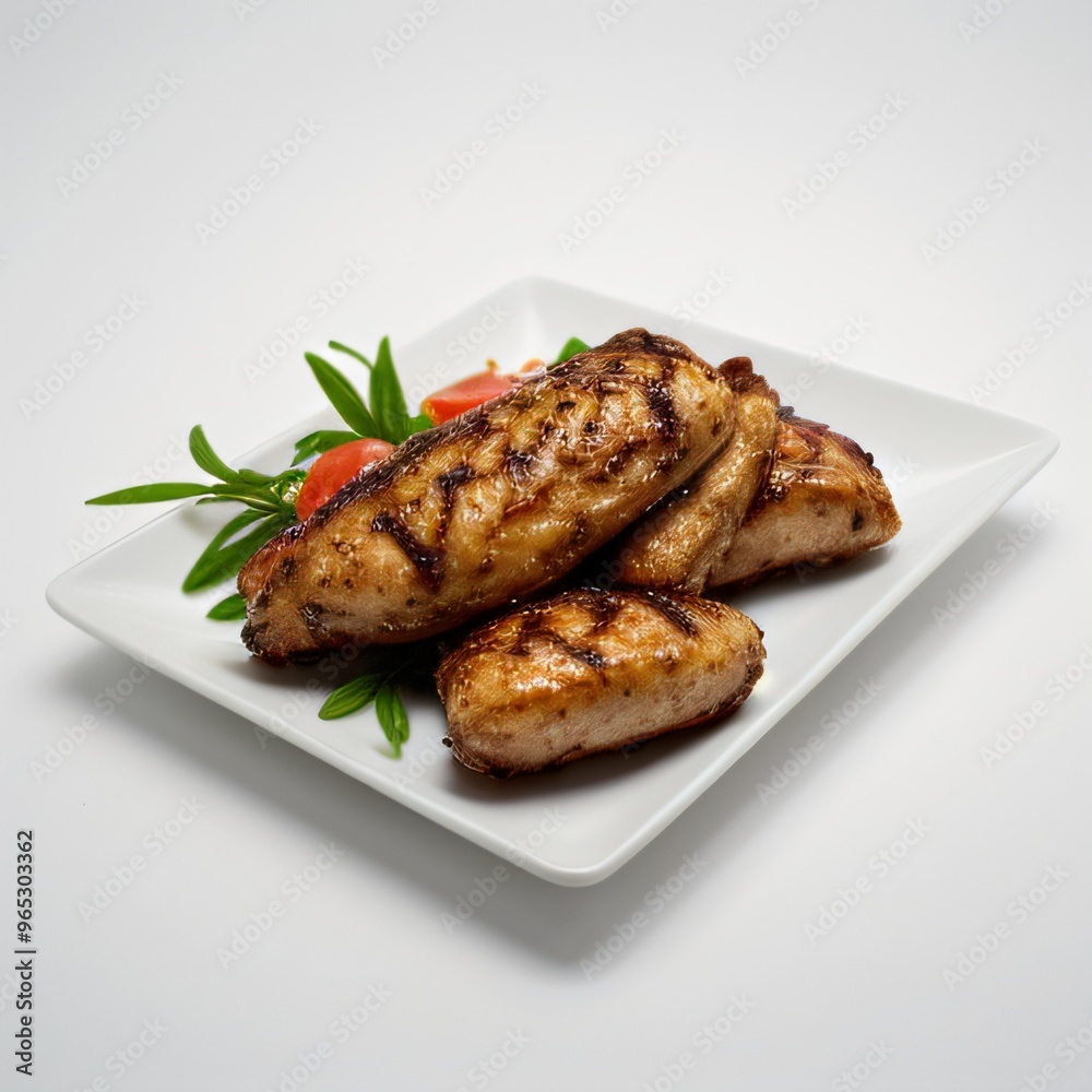 Grilled whole chicken with garnish on white plate.. Grilled whole chicken with garnish on white plate..