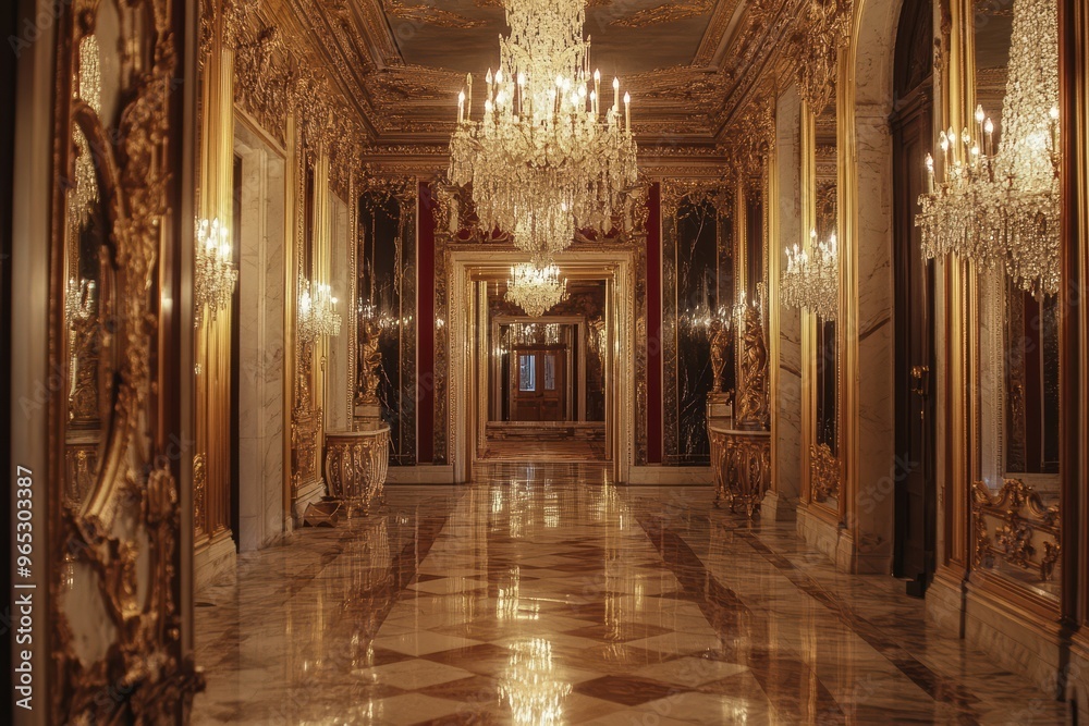 Ornate Hallway with Golden Accents and Chandeliers. Ornate Hallway with Golden Accents and Chandeliers.