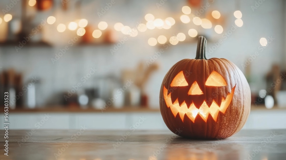 A cheerful jack o' lantern lights up a warm kitchen, creating a cozy atmosphere perfect for Halloween celebrations A cheerful jack o' lantern lights up a warm kitchen, creating a cozy atmosphere perfect for Halloween celebrations