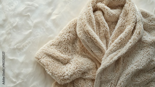 A Cream-Colored Plush Robe Folded on a Bed photo