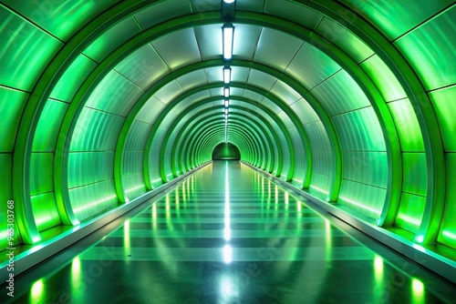 A detailed description for the stock photo A futuristic tunnel with sleek curved walls is illuminated by a striking green light casting an ethereal glow throughout the space, ethereal, curved