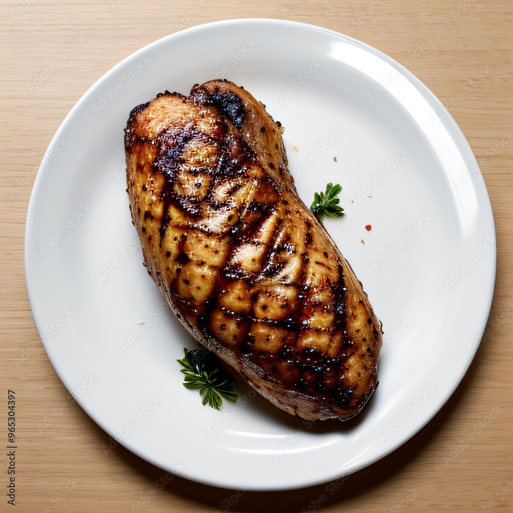 Grilled whole chicken with garnish on white plate.. Grilled whole chicken with garnish on white plate..