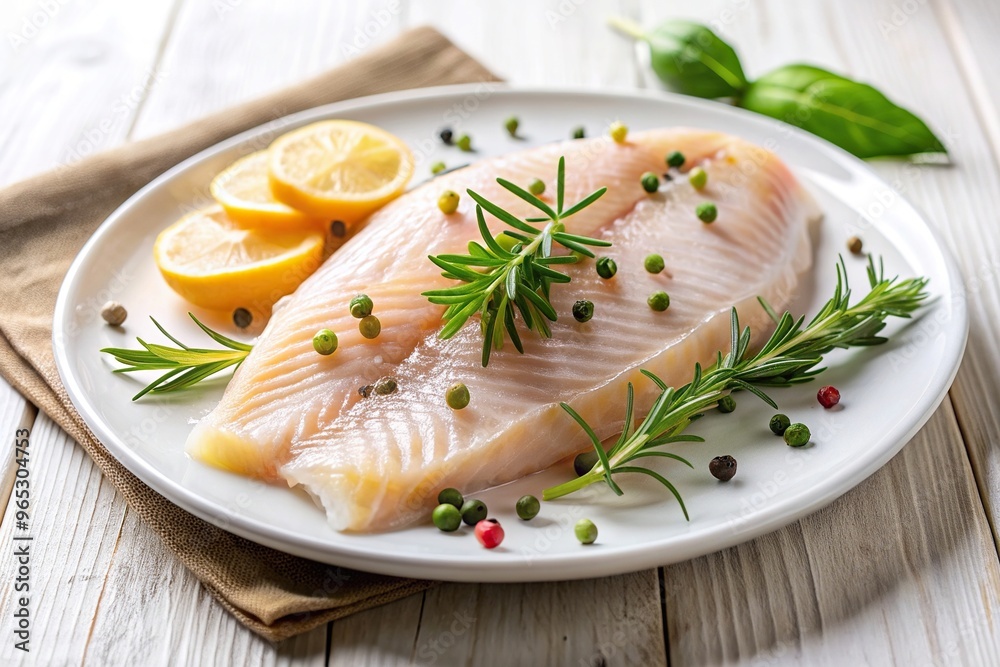 Marinated fish filet on a white plate garnished with fresh rosemary and basil leaves, leaves, marinated fish, fresh rosemary, garnish, filet Marinated fish filet on a white plate garnished with fresh rosemary and basil leaves, leaves, marinated fish, fresh rosemary, garnish, filet
