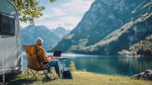 Remote Work in Nature Woman Working on Laptop by Mountain Lake.