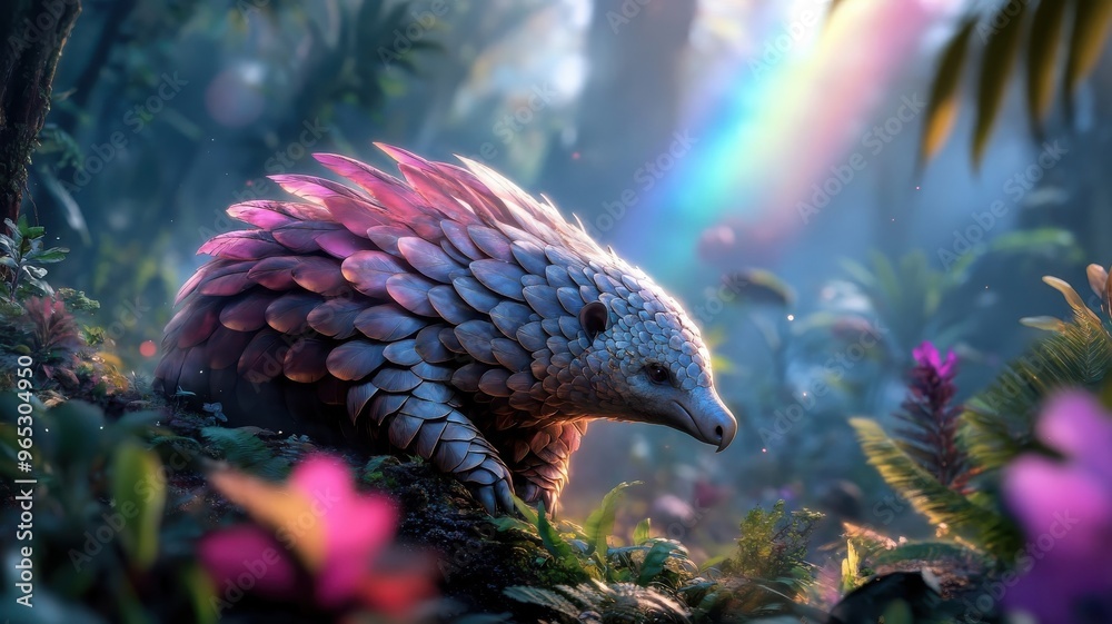 Obraz premium A pangolin with shimmering wings soaring through a vibrant rainbow in a lush, magical forest.