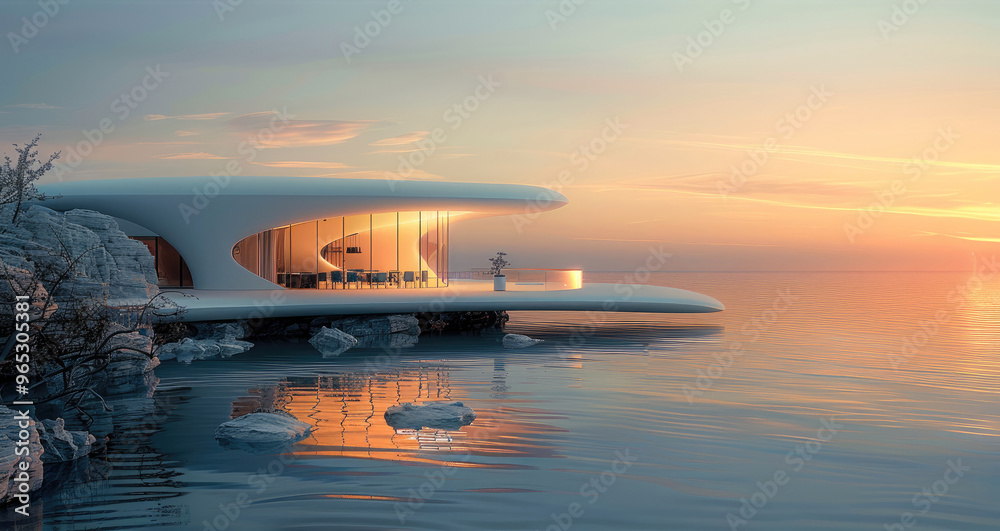 At sunrise, there is a futuristic house over the sea with a Chinese restaurant with marble tables. Generative AI. At sunrise, there is a futuristic house over the sea with a Chinese restaurant with marble tables. Generative AI.